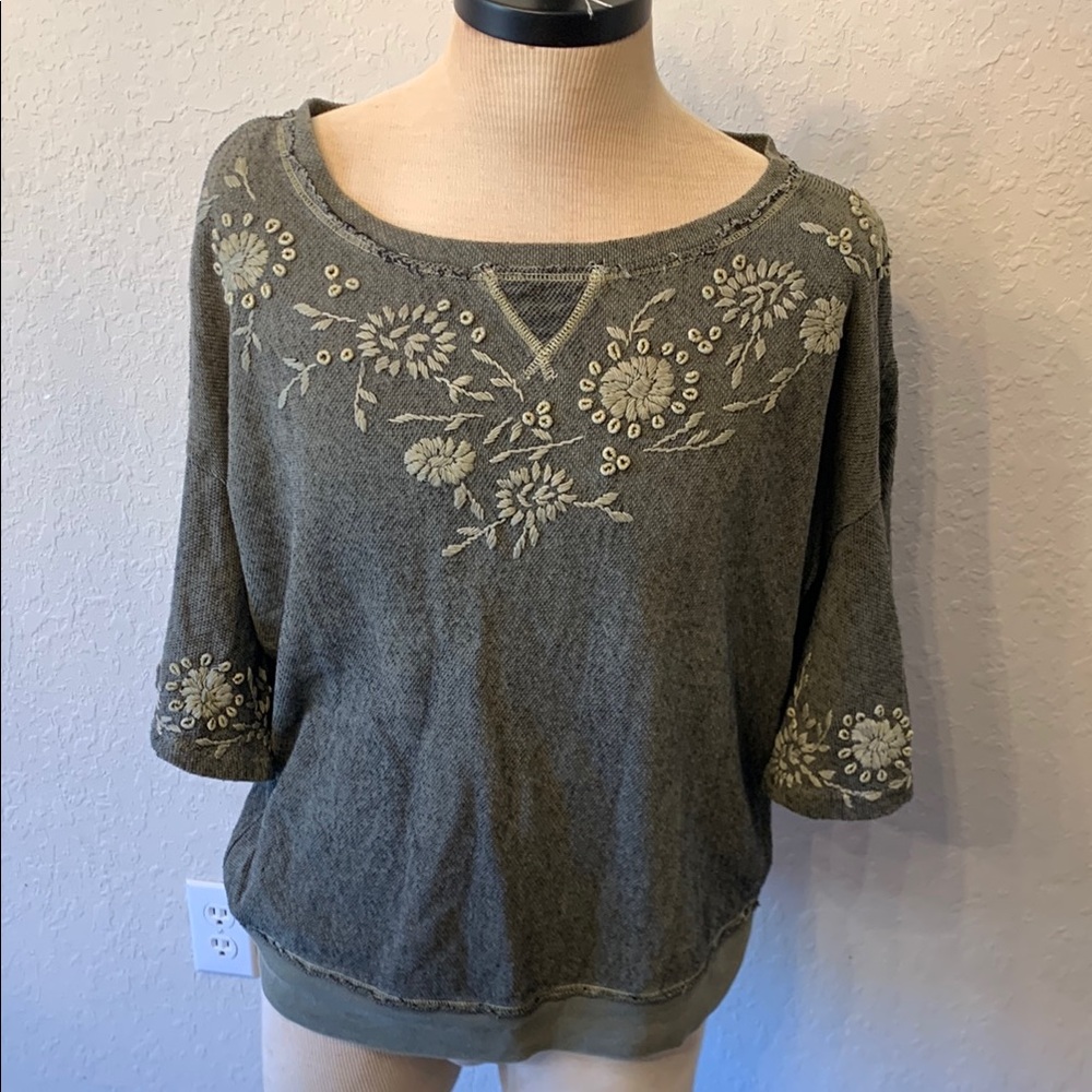 Free People Olive Green Embroidered Short Sleeve Tee